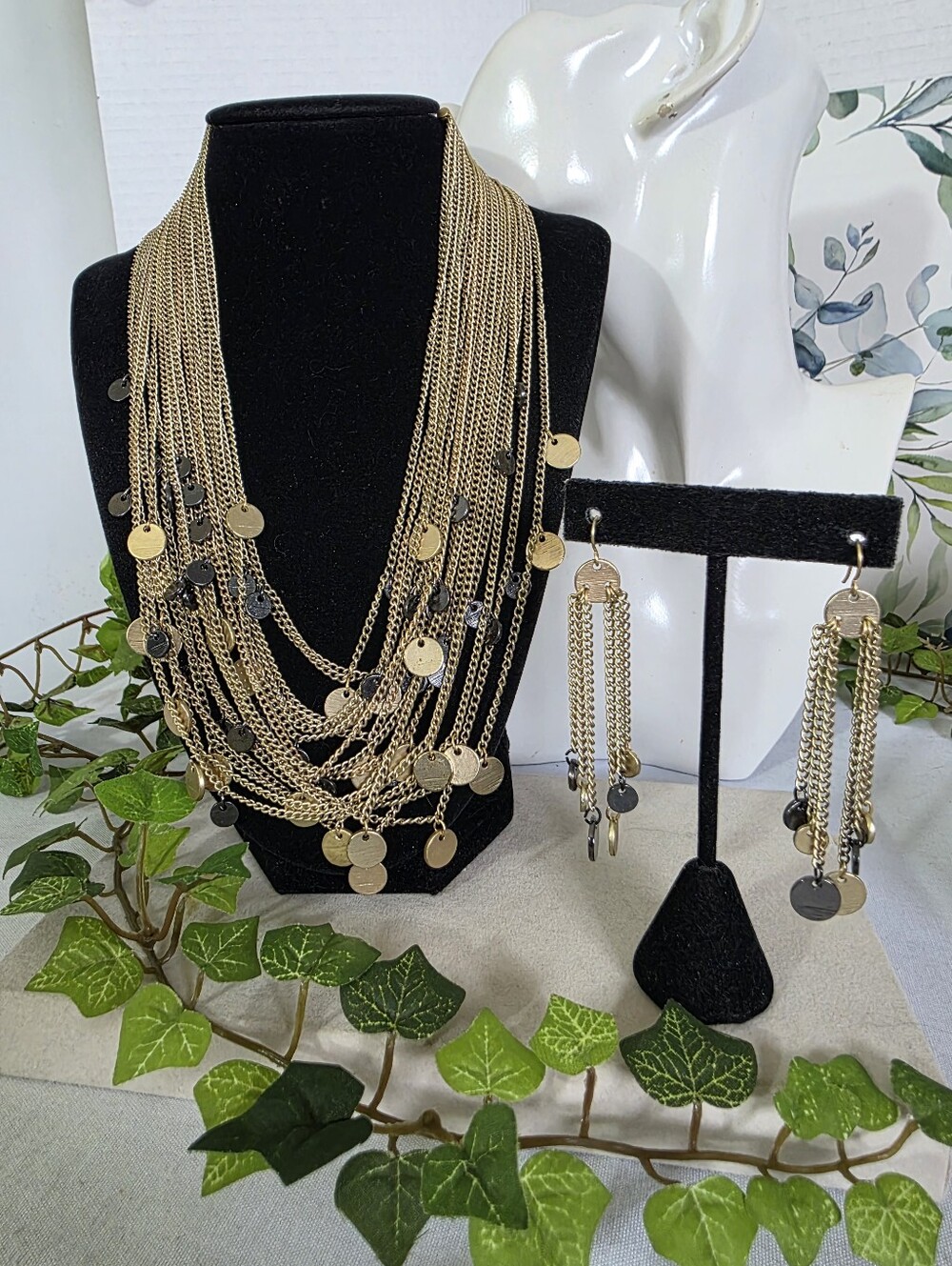 Gold & Gunmetal Multi-Strand Layered Coin Statement Necklace Set